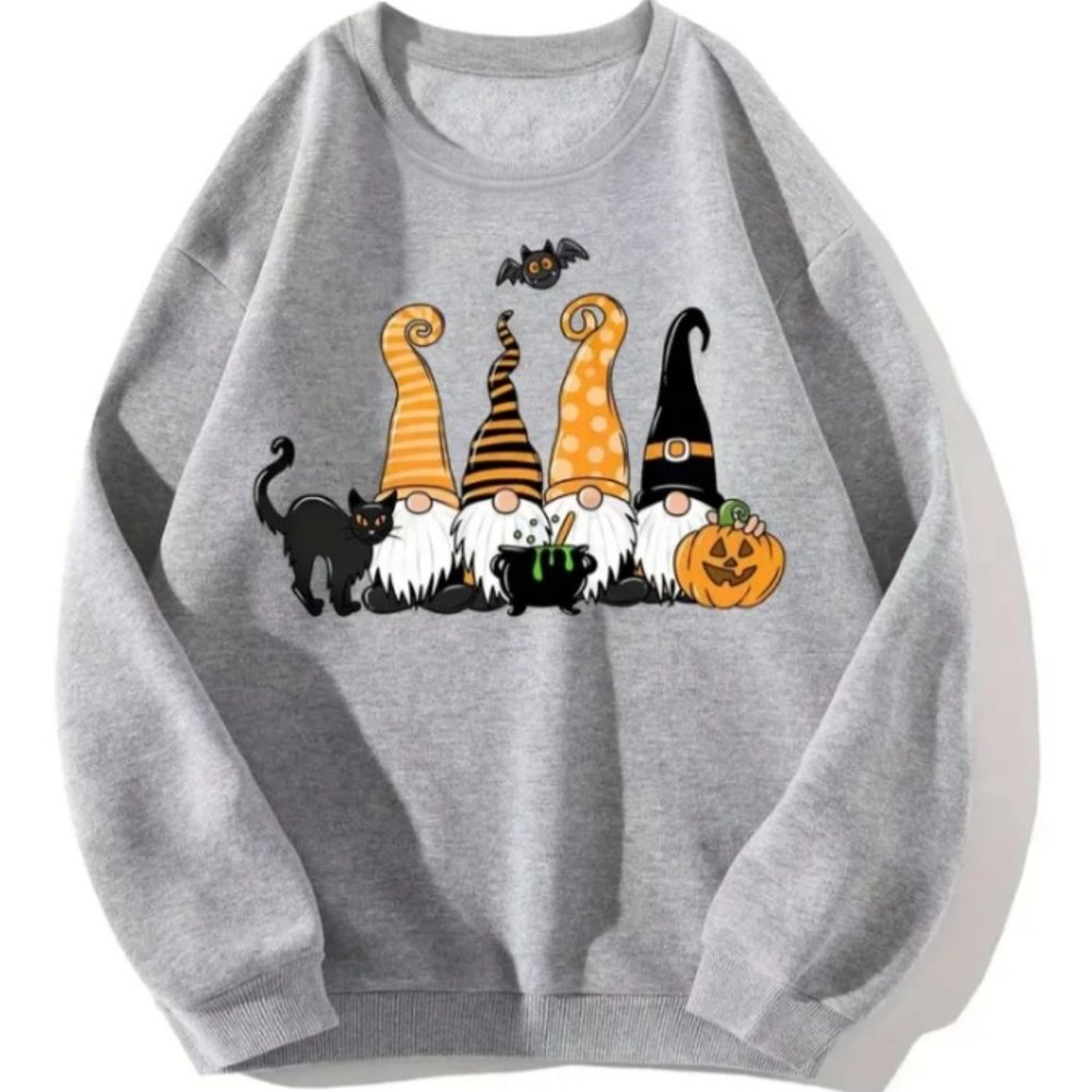 Gnome Halloween Print Sweatshirt, Casual Long Sleeve Crew Neck Sweatshirt